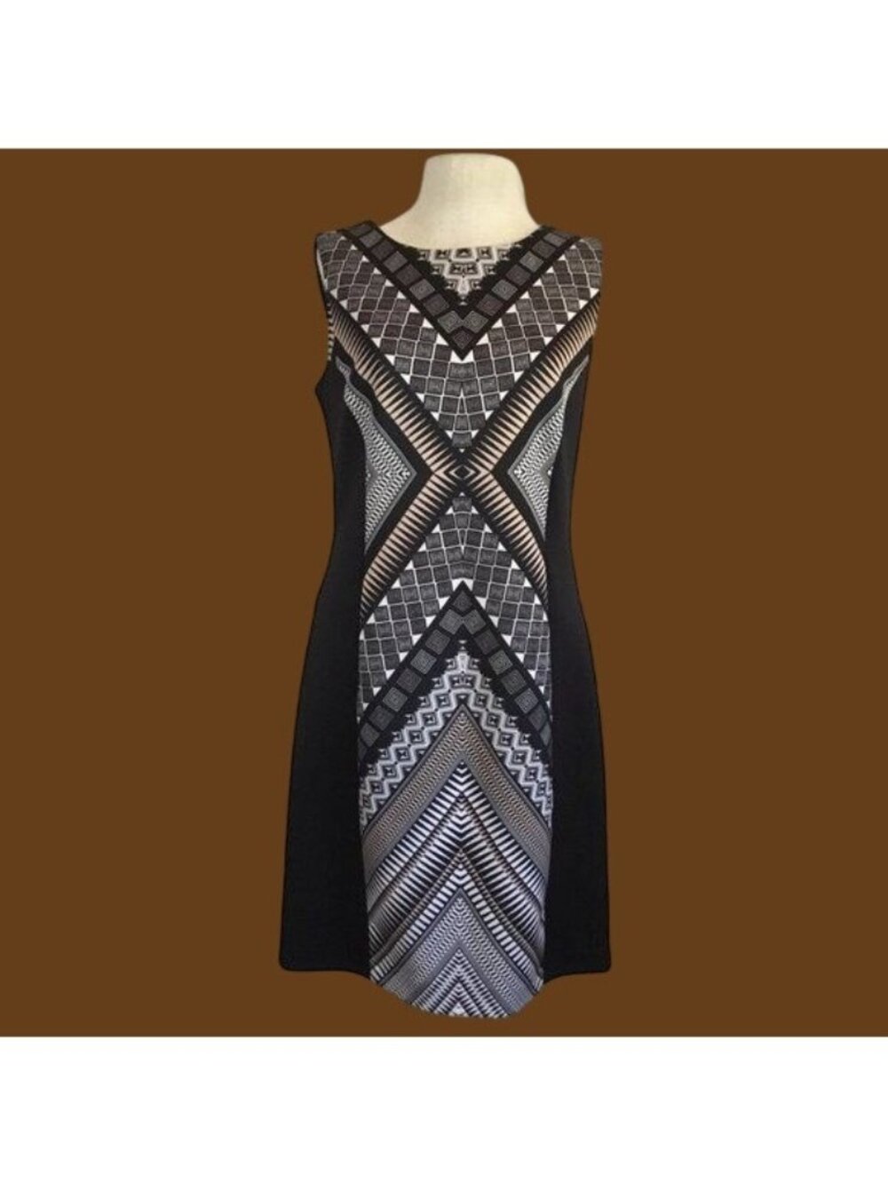 ILE New York Womens Black & Beige Geometric Sleeveless Sheath Dress Size 8